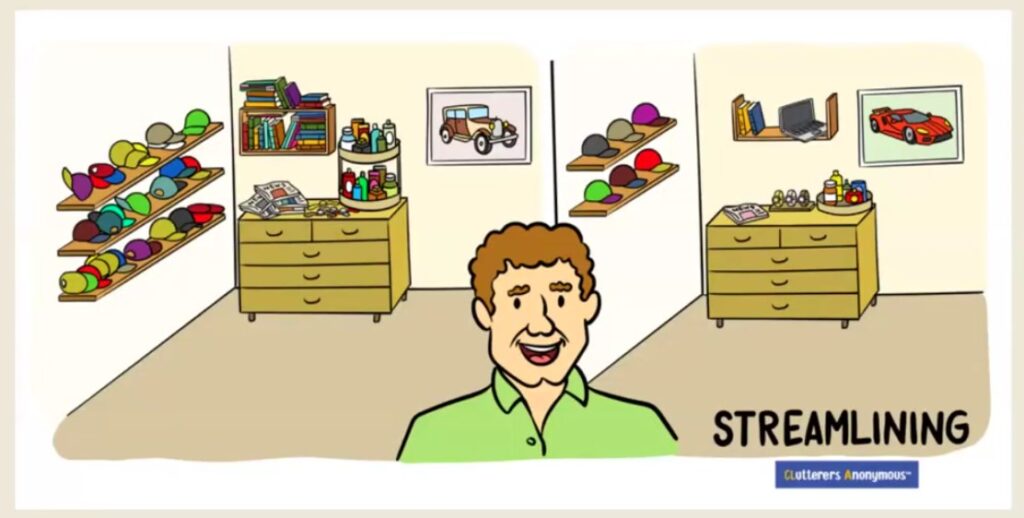 This image illustrates the concept of streamlining from Clutterers Anonymous, showing a before-and-after comparison of a cluttered versus an organized space: • Left Side (Before Streamlining): The room is overcrowded with hats, books, spray bottles, magazines, and miscellaneous items. It gives a sense of chaos and excess. • Right Side (After Streamlining): The amount of clutter is noticeably reduced. Fewer hats, books, and items remain. The room is tidier and only essential items are neatly arranged: a few hats, a couple of books, a laptop, and just a few bottles. The image effectively conveys the idea of reducing possessions to what's necessary or meaningful, which helps create a more peaceful, functional living space.