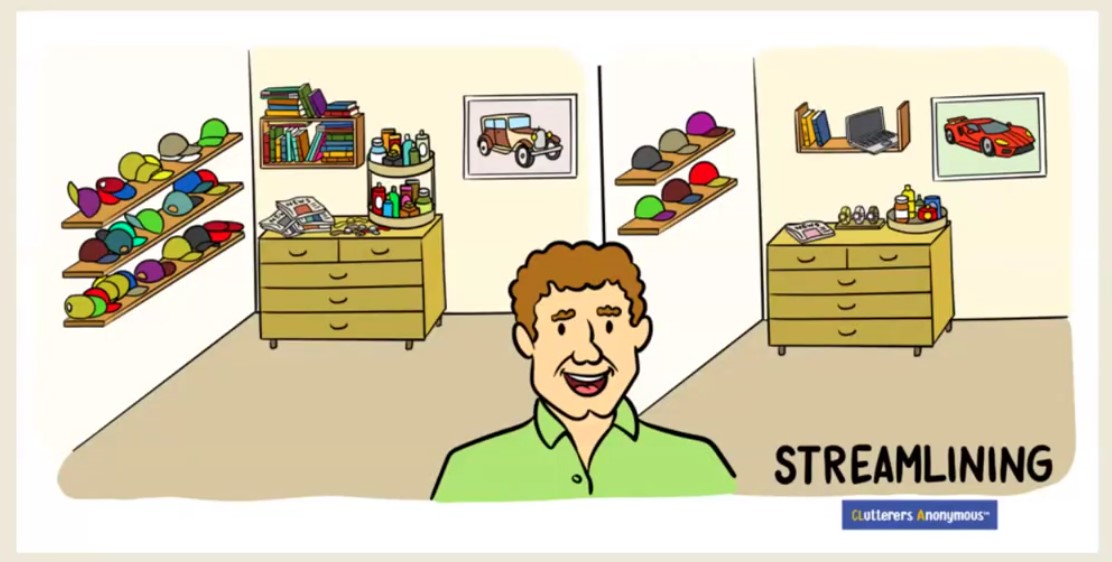 This image illustrates the concept of streamlining from Clutterers Anonymous, showing a before-and-after comparison of a cluttered versus an organized space: • Left Side (Before Streamlining): The room is overcrowded with hats, books, spray bottles, magazines, and miscellaneous items. It gives a sense of chaos and excess. • Right Side (After Streamlining): The amount of clutter is noticeably reduced. Fewer hats, books, and items remain. The room is tidier and only essential items are neatly arranged: a few hats, a couple of books, a laptop, and just a few bottles. The image effectively conveys the idea of reducing possessions to what's necessary or meaningful, which helps create a more peaceful, functional living space.